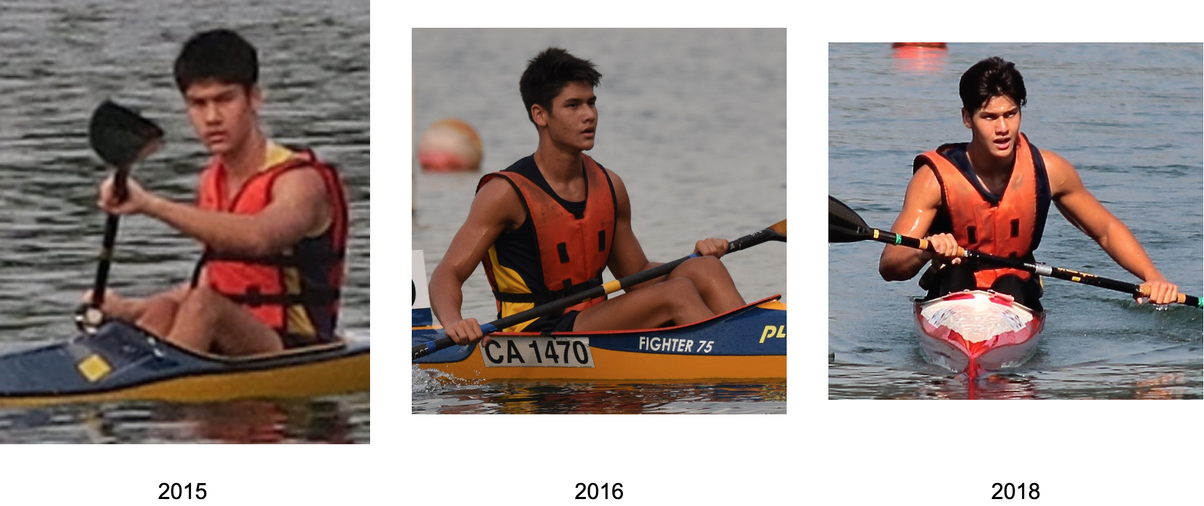 Three photos from 2015, 2016, and 2018 showing a young man paddling a kayak on water wearing an orange life vest.